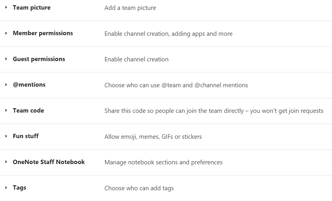 The menu for Teams settings