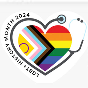 LBTQ+ History Month 2024 logo, the pride flag in the shape of a heart with a stethoscope wrapped around the outside edge