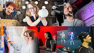 Montage image showing lots of students engaged in a variety of practices associated with the creative industries including photography, lino printing, video recording, using the motion capture studio, painting and sculpting