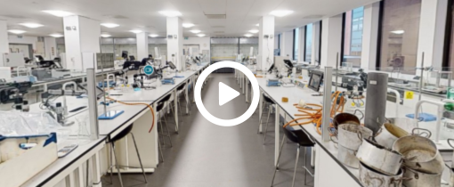 Interior of a laboratory in the Rosalind Franklin building with a play button icon identifying a video link
