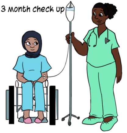 A patient in a wheelchair is cared for by a health worker