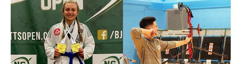 Collage of Athlete Scholars in individual sports, including a student in a judogi with medals and a student pulling back a bow