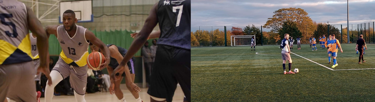 Collage of Athlete Scholars in Team sports, including students playing Basketball in the sports hall and Football on an outdoors pitch