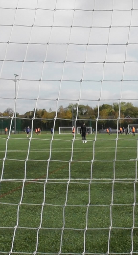 A football pitch at Walsall Campus seen from behind a net