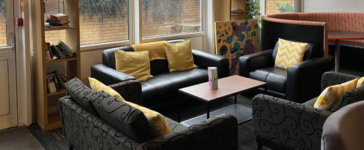 A photograph of some seating and tables at Walsall Campus