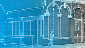 Graphic of Springfield campus, showing the construction of a building and students walking around outside it